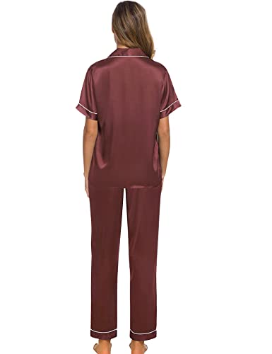 Image of SWOMOG Women Satin Pajamas Set Short Sleeve Top & Pants Sleepwear Silky Button Down Nightwear 2pcs Loungewear Pjs Set Nostalgia Rose Small