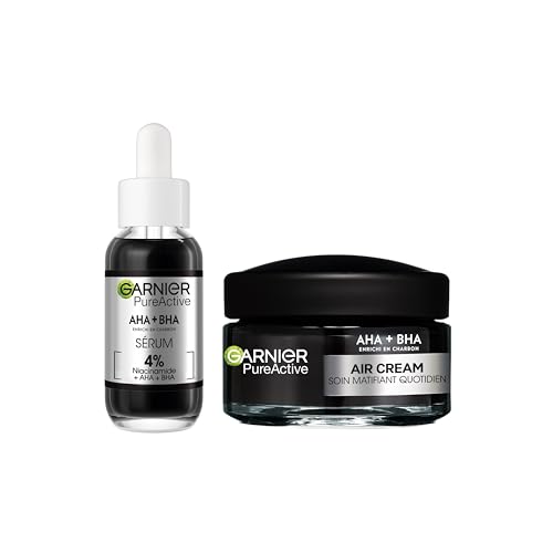 Garnier - Routine anti-imperfections enrichie en Charbon et AHA + BHA - Sérum Anti-Points Noirs & Imperfections - Air Cream - Soin Matifiant Quotidien Peaux...