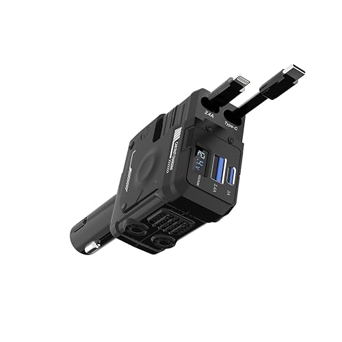 LEMIKKLE Retractable Car Charger - 66W Fast Charging Mecha Design with LED light and Safety Protection, Car Accessories USB/USB-C Port Compatible with iPhone, Android, Samsung Galaxy (black)