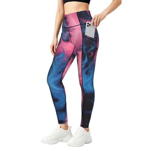 Leggings con estampado de fuego azul y rojo para mujer con bolsillos prácticos para fitness
