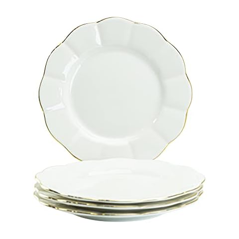 Gracie China by Coastline Imports Gracie China Porcelain White Gold Scallop 8-Inch Set of 4 Salad/Dessert Plates Cover