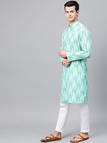 See Designs Men's Cotton Regular Fit Printed Straight Kurta (Turquoise Blue_L)