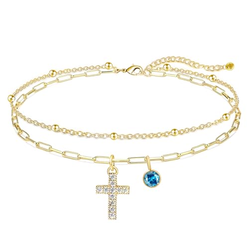 Cross Bracelet for Women 14K Gold Bracelets with Birthstone Religious Gift for Her Encouragement Birthday Presents for Wife Girlfriend Friend, Christian Jewelry