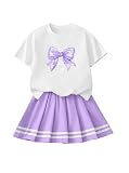 Ecolala Girls 2 Piece Summer Outfits Cute Graphic Short Sleeve Tops and Pleated Skirt Set Purple 9-10 Years