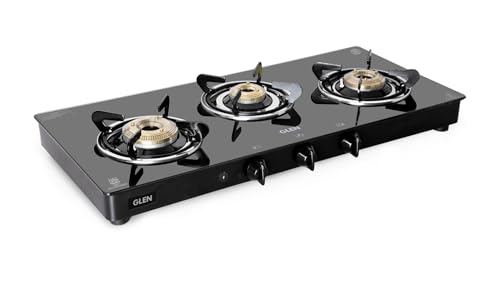 Image of Glen 3 Burner Toughened Glass Top LPG Gas Stove 72 cm with Fuel Efficient Brass Burners | Black | ISI Certified | Fixed Stainless Steel Drip Trays | Auto Ignition | 1033GTXLBBBLAI