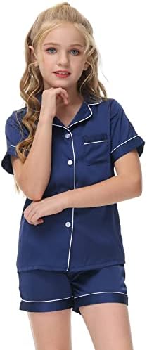 Veseacky Little Girls Boys Satin Silk Pajamas Set Button-Down 2-Piece Short Sleepwear PJs for Kids (Navy,6y 7y)