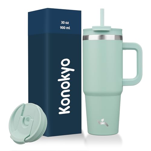 Image of Konokyo 30 oz Tumbler with Handle and 2 Straws,2 in 1 Lid Insulated Water Bottle Stainless Steel Travel Coffee Mug,Retro Green