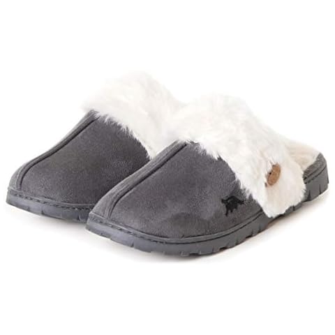 EUROPEAN SOFTEST Womens 80-D Memory Foam Slippers Slip On Faux Fur Warm Winter Mules Fluffy Micro Suede Breathable Washable Indoor/Outdoor House Shoe w/Anti Slip Sole (5-6, Grey) Cover