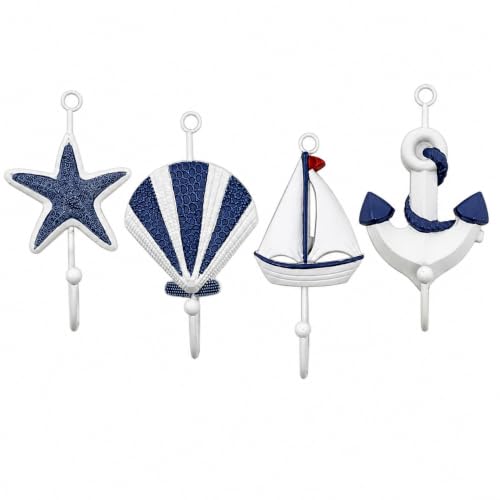 Nautical Wall Hooks Set of 4 - Beach Coat & Towel Hooks for Wall - Starfish, Seashell, Anchor & Sailboat Decorative Hooks - Coastal Bathroom Towel Rack, Robe, Hat, Coat & Key Holder - 6.5" x 3.5".