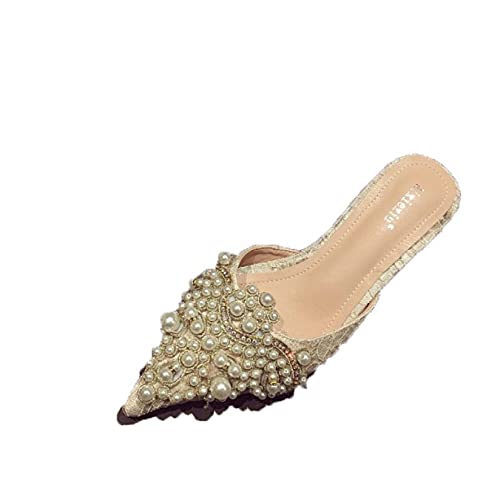 Qscq Mule Sandals Mid Heel For Lady Casual Pearl Closed Toe Slingback Slippers Kitten Heeled Dress Slide Shoes #TOP18