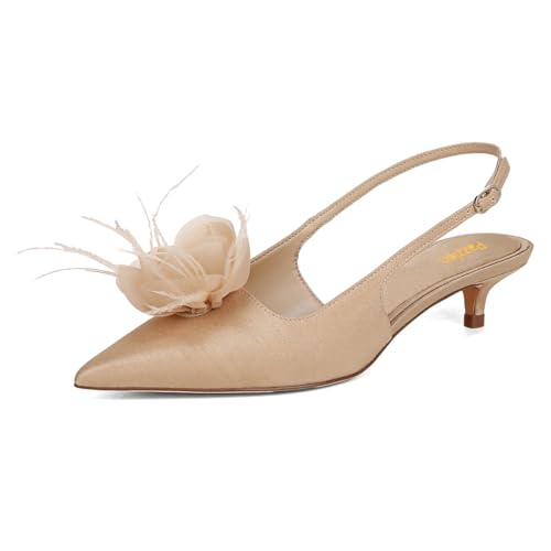 Pazzion Women Elegant Flowers Pointy Toe Slingback Pumps Low Kitten Heel Easy Buckle Strap Slip On Sandals Dressy Shopping Party Shoes Size 4-16 US