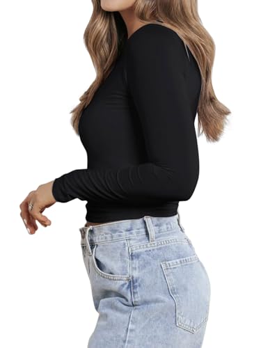 PINKMSTYLE Womens Fall Tops 2025 Long Sleeve Sexy Lace V Neck Tee Basic Fashion Business Casual Work Clothes Black X-Large — view 5