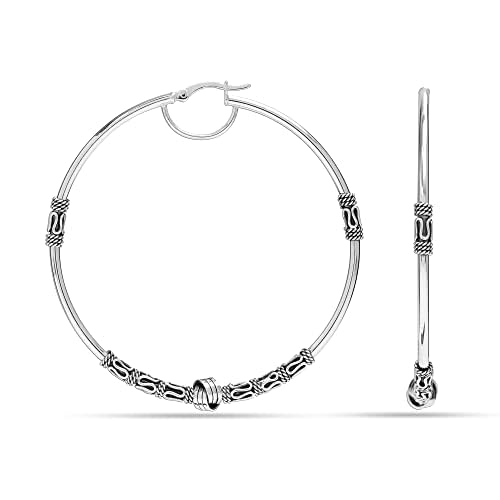 LeCalla 925 Sterling Silver Large Hoop Earrings | Lightweight Antique Bali Hoops | Two-Tone Bohemian Oxidized Balinese Earrings for Women
