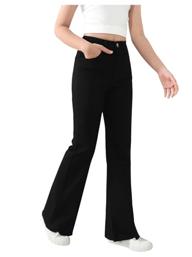 SHENHE Girl's High Waisted Flare Leg Frayed Raw Hem Bell Bottom Jeans Denim Pants3
