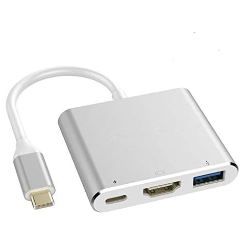 USB-C to HDMI Adapte USB 3.1 Type C to HDMI 3-in-1Multiport Adapter 4K 30Hz USB 3.0+USB-C Converter Cable,Adapter Cable for Chromebook Pixel/New MacBook and More Type C Devices Color Silver Cover