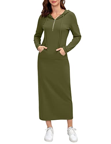 MISSKY Women Casual Pocket Quarter-Zip Neck 3/4 Sleeve Slim Split Pullover Hoodie Maxi Dress