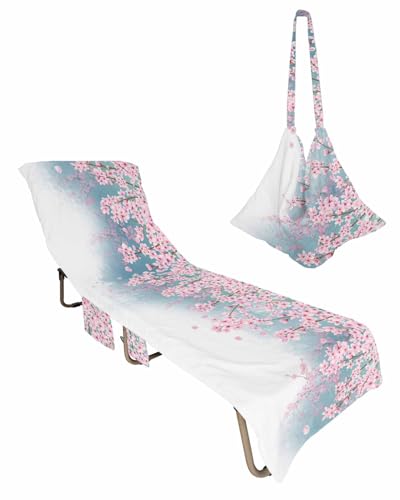 Peach Blossom Beach Chair Towel Covers for Chaise Lounge with Side Pocket, Soft Plush Pool Towels Cover for Patio Sunbathing Outdoor 29''x85'' Gradient Watercolor Spring Pink Flower