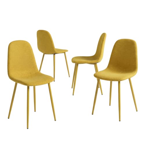 Meuble Cosy Lot de 4 Chaises de Salle à Manger Scandinave, Chaise Rembourré avec Dossier, en Tissu, Pied Métal, pour Cuisine Salon Chambre, Jaune