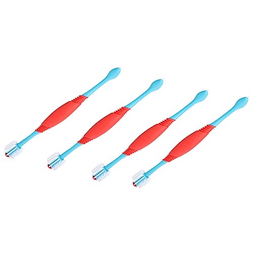 FRCOLOR 4個入り犬用歯ブラシ やわらかい素材 手持ち式ペット歯磨きツール 小型ペット向け 歯クリーナー 二重頭設計