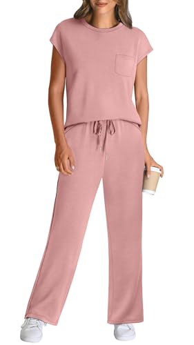 Image of WIHOLL 2 Piece Sets for Women Casual Summer Travel Vacation Outfits Cap Sleeve Lounge Set