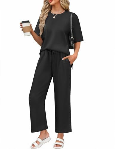 Ekouaer Pajamas for Women Ribbed Knit Lounge Set Short Sleeve Loungewear 2 Piece Outfits Pants...