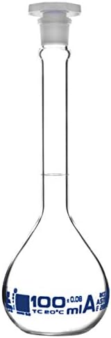 Volumetric Flask, 100ml - Class A, ASTM - Tolerance ±0.08ml - Polypropylene Stopper - Single, White Graduation - Borosilicate Glass - Eisco Labs