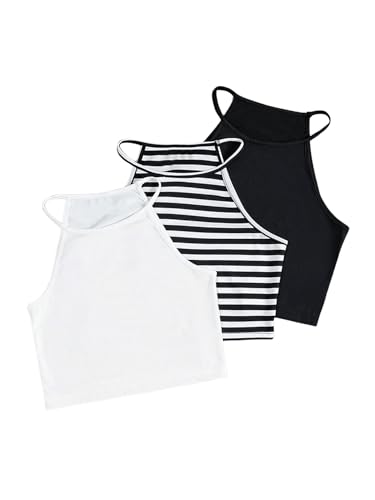 Girl's 3 Packs Striped Crop Camisole Tops Sleeveless Slim Fit Summer Basic Halter Top