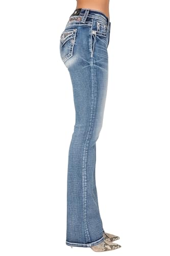 Miss Me Women's Mid-Rise Bootcut Jeans, Floral Embroidered Tapestry with Faux Flap Pockets, Bootcut Stretch Denim Jeans2