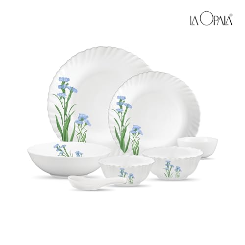 Image of La Opala Opal Glass Crockery | for Family of 6 | Dinner Set 35 pcs Blue Florets | Plates & Bowls for Dining | Microwave Safe | 100% Vegetarian | Extra Strong | Extra Light & White