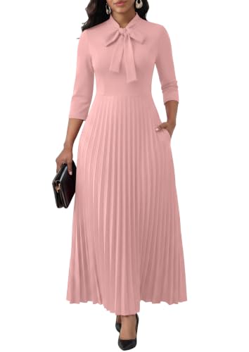 Image of FANDEE Maxi Dress for Women Formal 3 /4 Sleeve Pleated Empire Long Dress Semi Formal Tie Neck Office Work Dresses