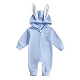 BemeyourBBs Newborn Baby Boy Girl Easter Outfit Bunny Ear Hoodie Romper Long Sleeve Jumpsuit Infant Spring Clothes (Little Bunny Blue, 3-6 Months)