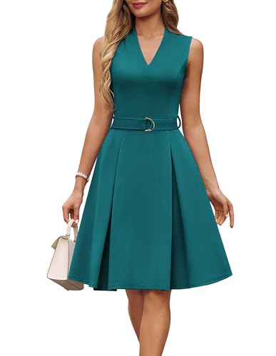 GRACE KARIN Women's Wear to Work Dresses 2026 Business Office Fit and Flare Midi Dress Church Outfits with Pockets Blue Green XL