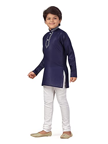 Image of AJ Dezines Kids Cotton Embroidered Navy Blue Kurta Pyjama for Boys (15-16 Years)