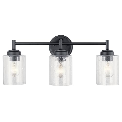 Image of Kichler Winslow 21.5 inch 3-Light Bathroom Vanity Light Fixture with Clear Seeded Glass in Black, Modern Wall Mount Lighting for Mirror over Vanity in Bathroom, 45886BK