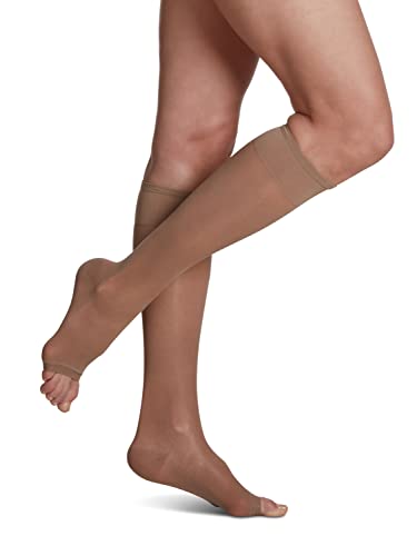 Image of SIGVARIS Women's Sheer Fashion Open Toe Calf Height - 15-20mmHg Weight Compression Hose - Lightweight & Breathable in Soft Stretch Fabric for Comfortable Everyday Wear