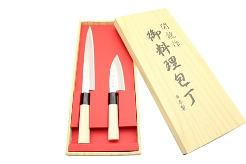 Cocktail7 - Juego de 2 cuchillos tradicionales japoneses especiales, juego de cuchillos Sashimi Yanagiba 21 cm + cuchillo Mini Deba 10,5 cm, hoja de acero inoxidable 420 J2, Mitre de nailon, fabricado