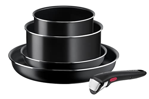 Tefal Ingenio Easy On Lot de 2 poêles 22/28 cm + 2 casseroles 16/20 cm + poignée amovible, interchangeable, poêles antiadhésives, revêtement titane, thermosignal, passe au lave-vaisselle, four