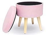 JRAO Taburete Redondo Puff Caja de Almacenamiento Asiento Extraíble Asiento de Lino con Tapa Patas Madera Maciza para Pasillo Salón Dormitorio Rosa