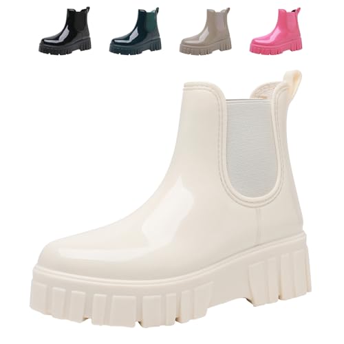DRECAGE Wellies Women Waterproof Stylish Wellington Boots Short Chelsea Ladies Chunky Sole Rain Boots Outdoors Walking White 4 UK