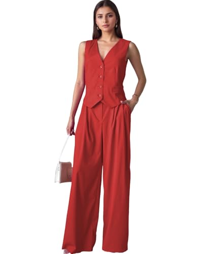 Mi Bo Tong Women's 2 Piece Outfits Crop Vest and Wide Leg Suit V Neck Casual Suits Summer Outfits