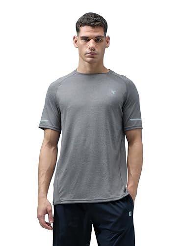 Image of TECHNOSPORT Men's Melange Slim Fit Round Neck T-Shirt Double Cool Raglan Sleeve Slip On Polyester for Gym Running Workout UPF50+ Anti Odour