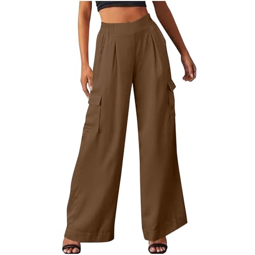 Wide Leg Cargo Pants for Women High Rise Elastic High Waist Long Pants Loose Fit Baggy Trousers with Pockets