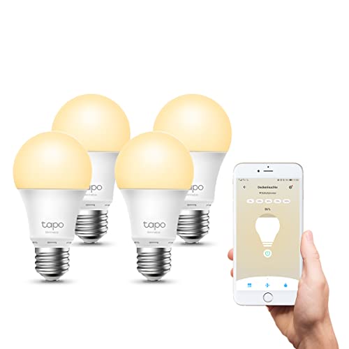 Tapo TP-Link L510E smarte WLAN Glühbirne E27, dimmbar 8.7 W, kein Hub notwendig, kompatibel mit Alexa, Google Assistant, Abläufe und Zeitpläne, Abwesenheitmodus, App (4 pack), Weiss