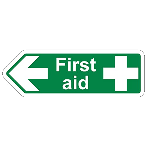 V Safety Shaped Safety Sign - First Aid Arrow Left - 450X150-1MM Rigid Plastic, White, 450 x 150 cm