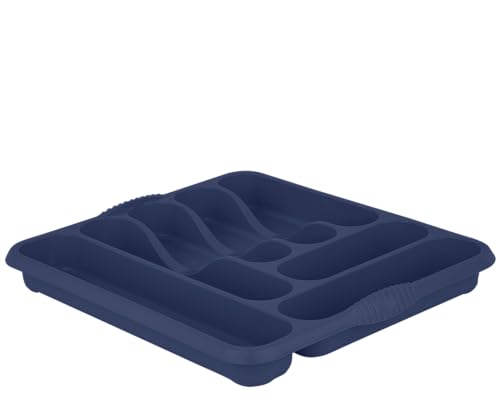 5 Compartment Cutlery Tray High Grade Durable Plastic Cutlery Storage Organiser Utensil Tray Flatware & Silverware Holder Stand Caddy Organiser for Kitchen Drawers Spoon Forks Knives (Navy) (1)