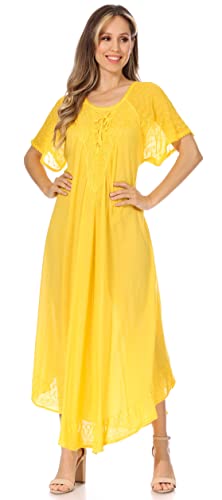 Image of Sakkas Egan Long Embroidered Caftan Dress /Cover Up with Embroidered Cap Sleeves
