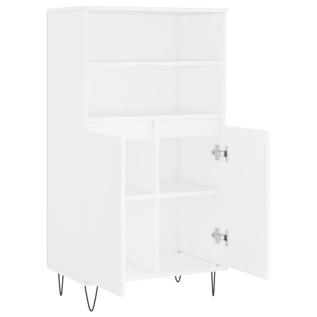 Armadietto alto, in legno bianco, 60 x 36 x 110 cm, con 6 scomparti e piedini in metallo, per soggiorno, corridoio, comò, per ordine e arredamento moderno