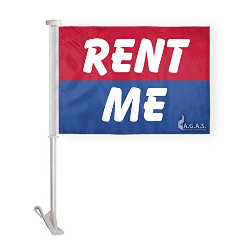 AGAS RENT ME Car Flag – Auto Dealership Premium Advertising Flag – 10.5 x 15.5 Inch – Double Sided Wrap Knitted Polyester – Reinforced & Double Stitched – Mounted on 19 Inch White Plastic Stiff Pole with Clip-On Window Mount