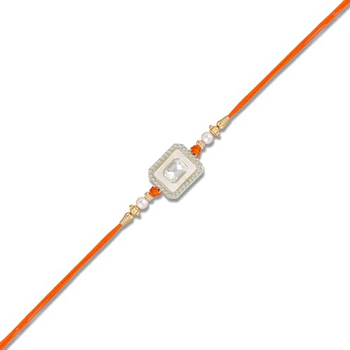 Image of Mahi Traditional Ethnic Raksha Bandhan Rakhi for Brother with Crystals and Orange Thread (RA1100859G)