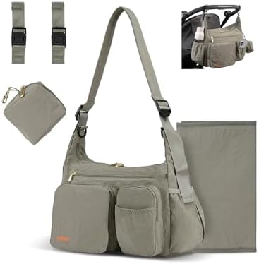 LAIMEIWEE Puffy Wickeltasche 13L Kinderwagen-Organizer Eukalyptusgrau | Leichte Multifunktionale Buggy Tasche, Wickelunterlage/Schnullertasche/D-Ringe & Gurte für Kinderwagen, Spri
